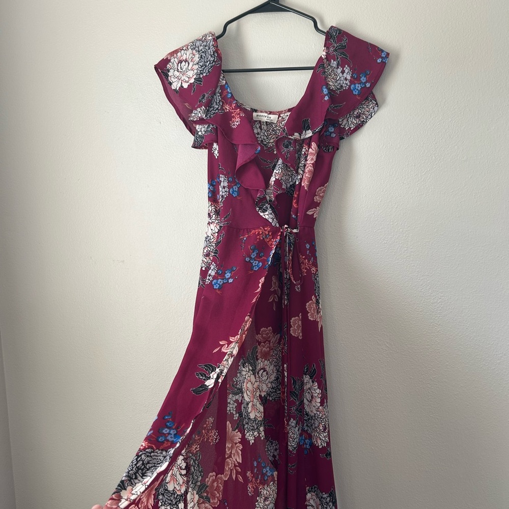 Monteau Wine Floral Ruffle Wrap Midi Dress - Picture 5 of 9
